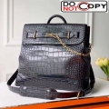 Louis Vuitton Men's Steamer PM Crocodile Embossed Leather Top Handle Bag M44473 Black/Gold bag