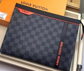 Louis Vuitton Damier Cobalt Canvas Pochette Voyage MM Bag Orange Logo N63510