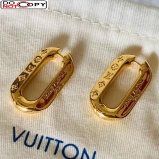 Louis Vuitton LV Edge Monogram Metal Hoop Earrings Gold