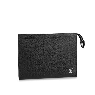 Louis Vuitton Men's Pochette Voyage Grained Leather Pouch with Silver LV Emblem M30450 Black